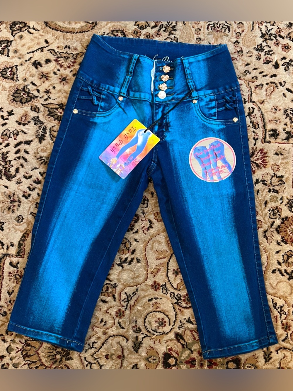 Tush Push Women Colombian design High waist Denim Jeans Capri Size 5 NEW